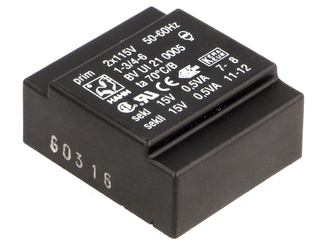 Transformator: ingegoten; 1VA; 115VACx2; 15V; 15V; 33mA; 33mA; PCB Transformator: ingegoten; 1VA; 115VACx2; 15V; 15V; 33mA; 33mA; PCB